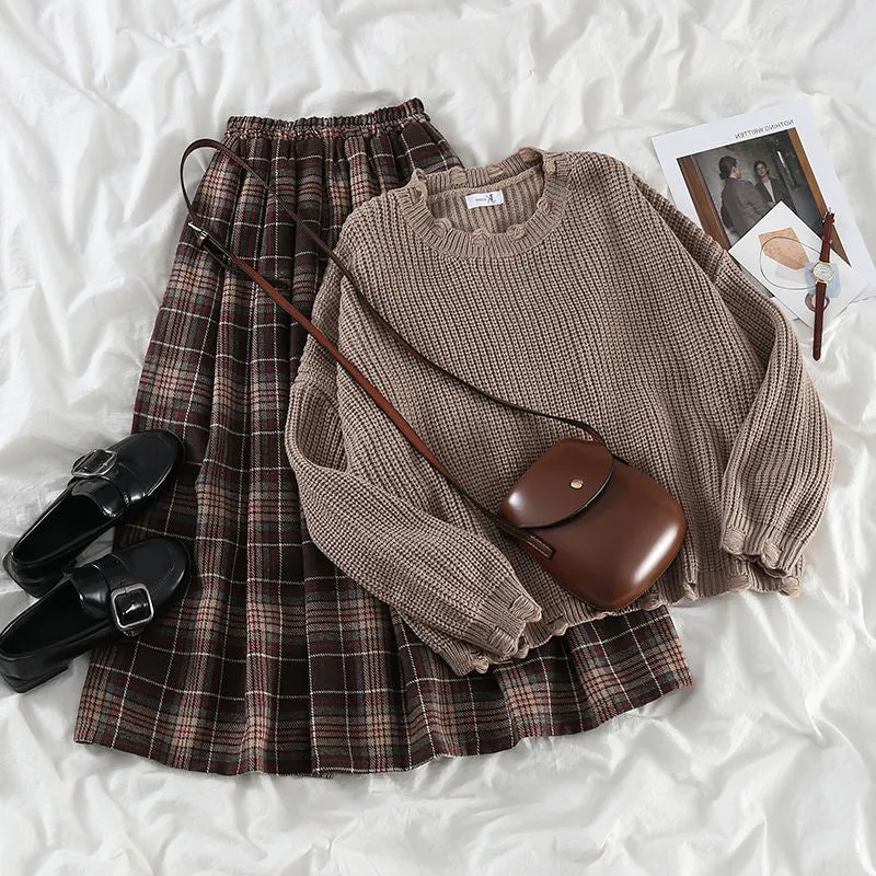 Two pc set plus size sweater ripped edge high waist plaid long skirt autumn sweet kawaii Korean suit