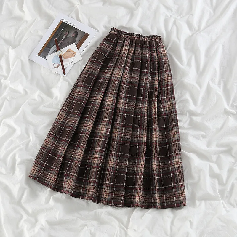 Two pc set plus size sweater ripped edge high waist plaid long skirt autumn sweet kawaii Korean suit