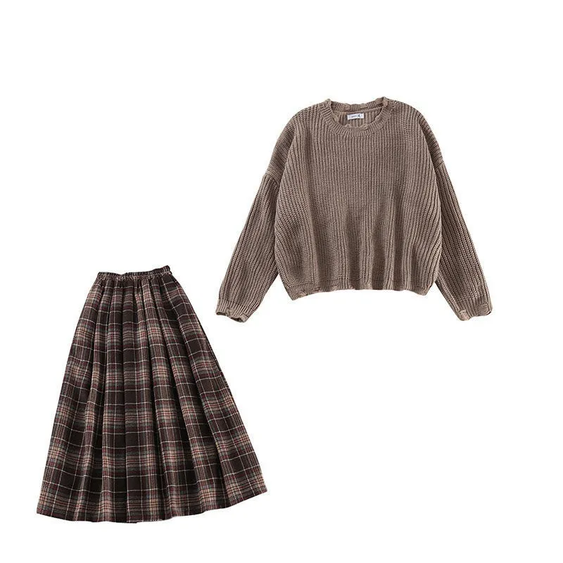 Two pc set plus size sweater ripped edge high waist plaid long skirt autumn sweet kawaii Korean suit