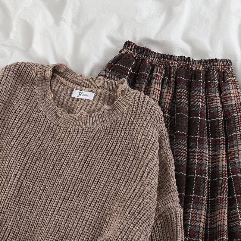 Two pc set plus size sweater ripped edge high waist plaid long skirt autumn sweet kawaii Korean suit