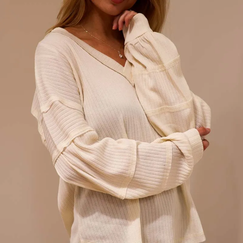 V-Neck Balloon Long Sleeve Top