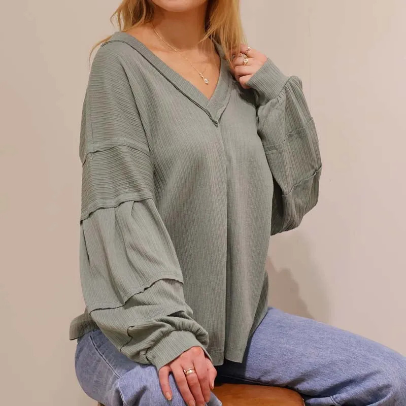 V-Neck Balloon Long Sleeve Top