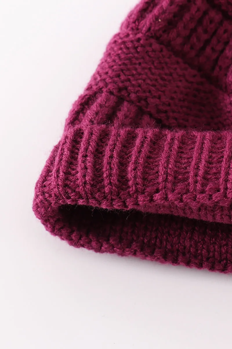 Violet pompom cable beanie