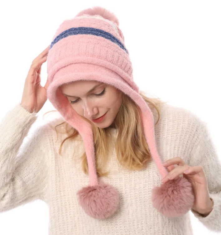 Winter Fleece Lining Soft Knit Beanie Hat Pom Earflaps YZ70080