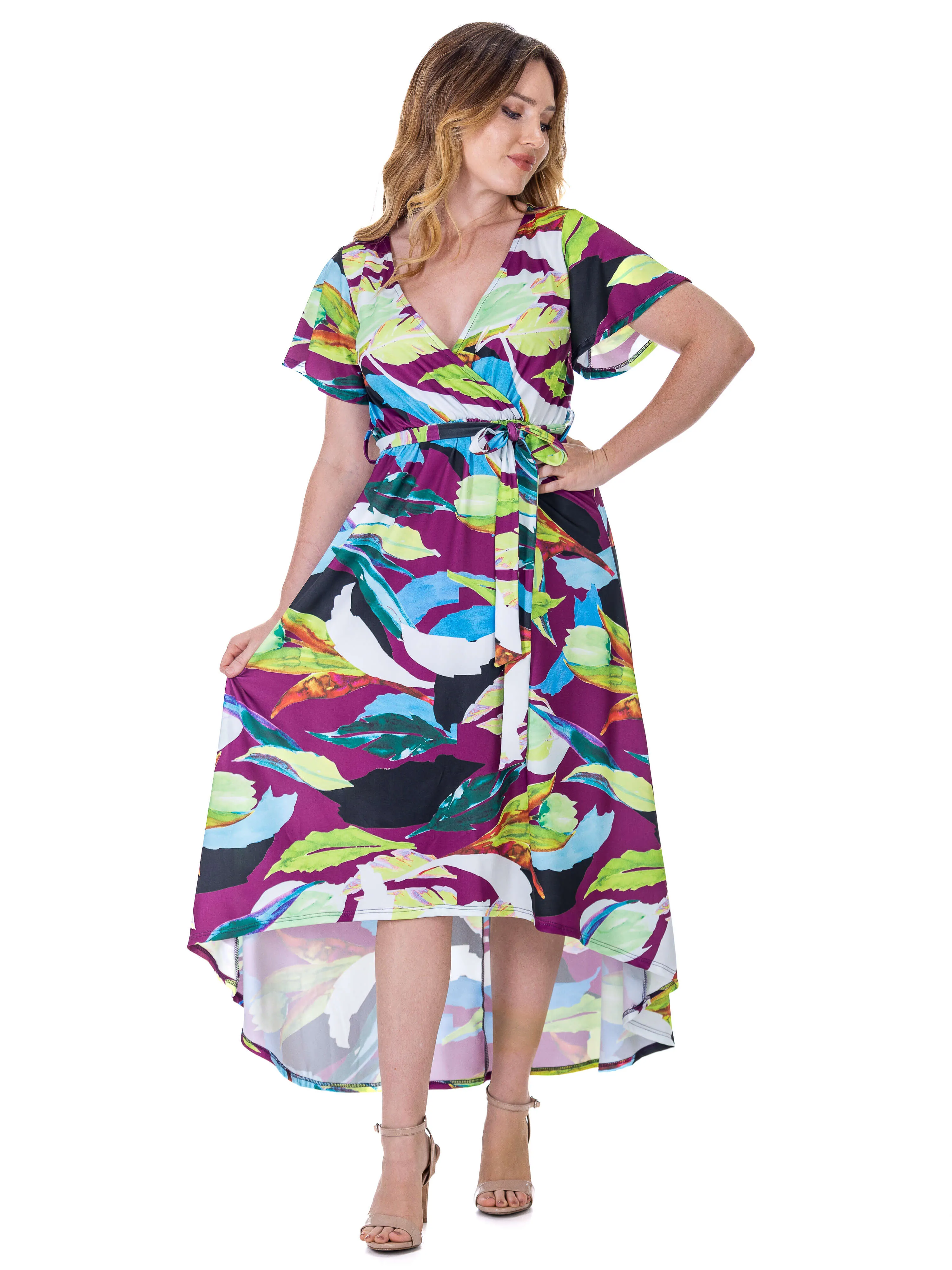 Womens Colorful Floral V Neck Belted High Low Faux Wrap Dress