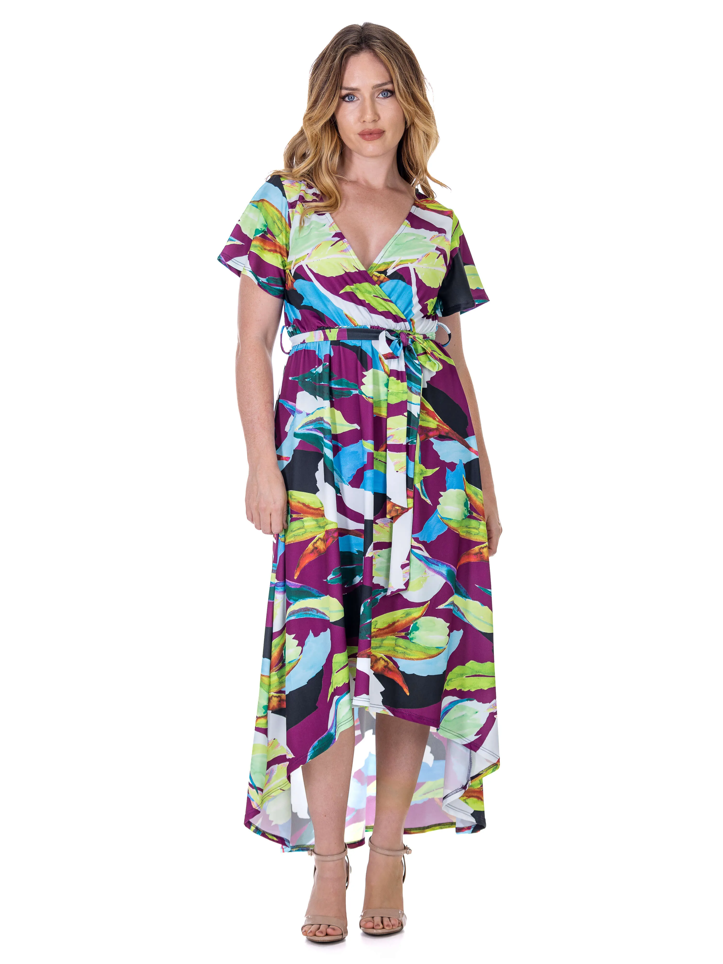 Womens Colorful Floral V Neck Belted High Low Faux Wrap Dress