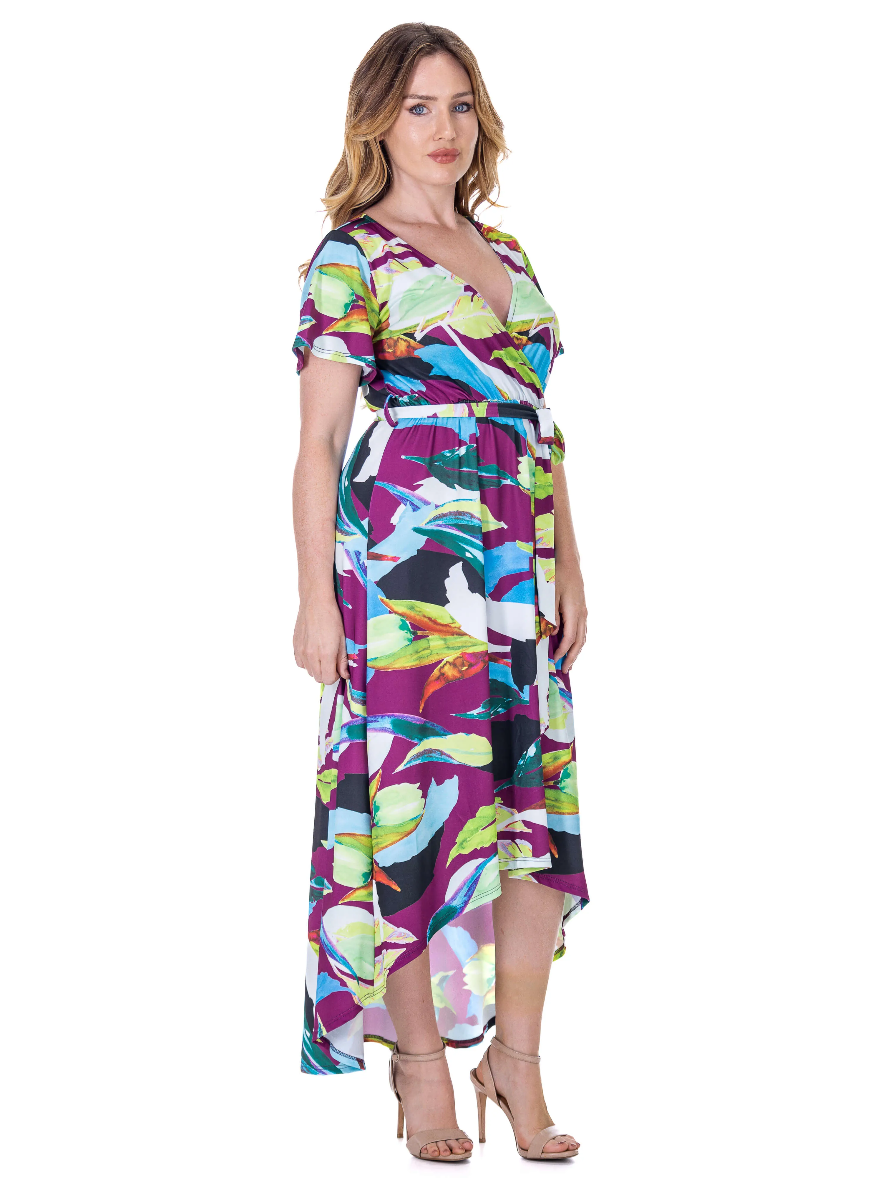 Womens Colorful Floral V Neck Belted High Low Faux Wrap Dress