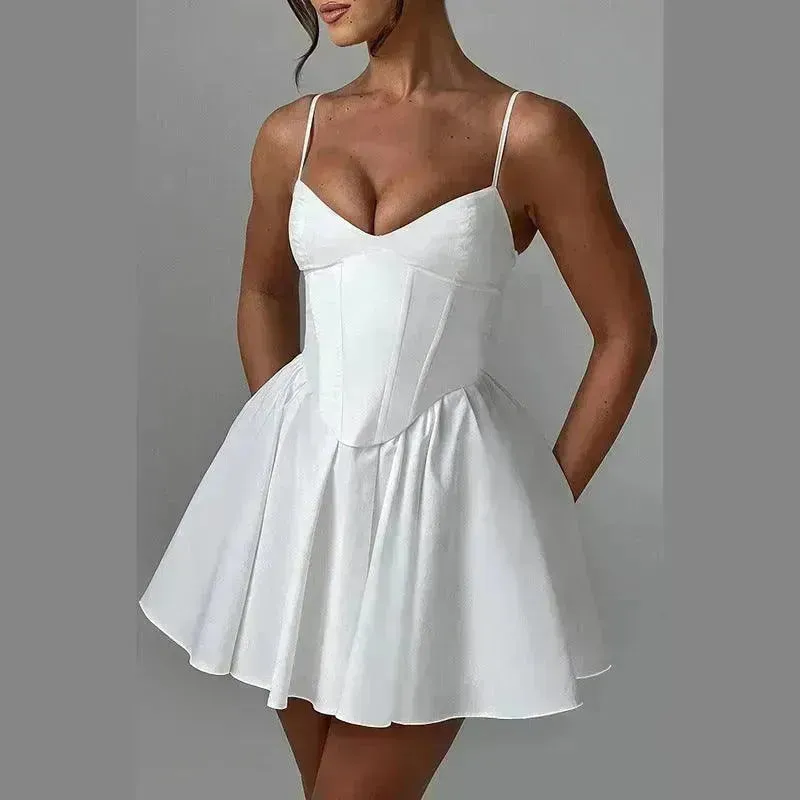 Women's Sling A- Line Sleeveless Charming Mini Dress Clinched Waist Slim-fit flared dress