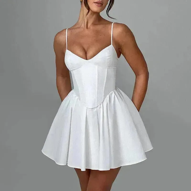 Women's Sling A- Line Sleeveless Charming Mini Dress Clinched Waist Slim-fit flared dress