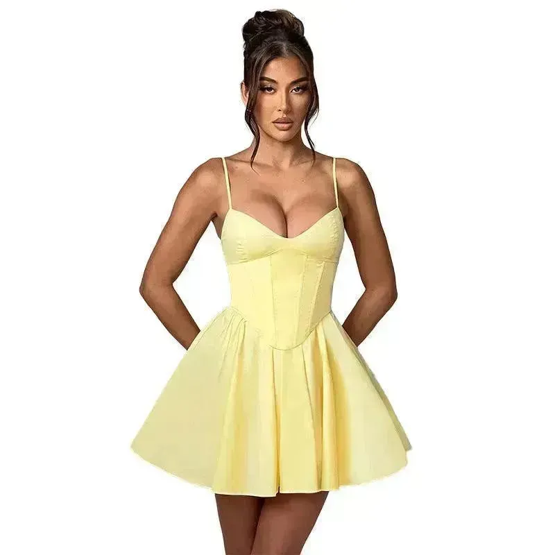 Women's Sling A- Line Sleeveless Charming Mini Dress Clinched Waist Slim-fit flared dress