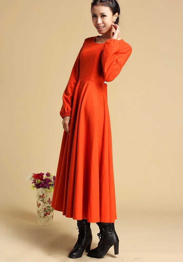 wool Maxi dress orange long dress Long sleeve dress (323)