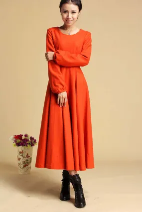 wool Maxi dress orange long dress Long sleeve dress (323)