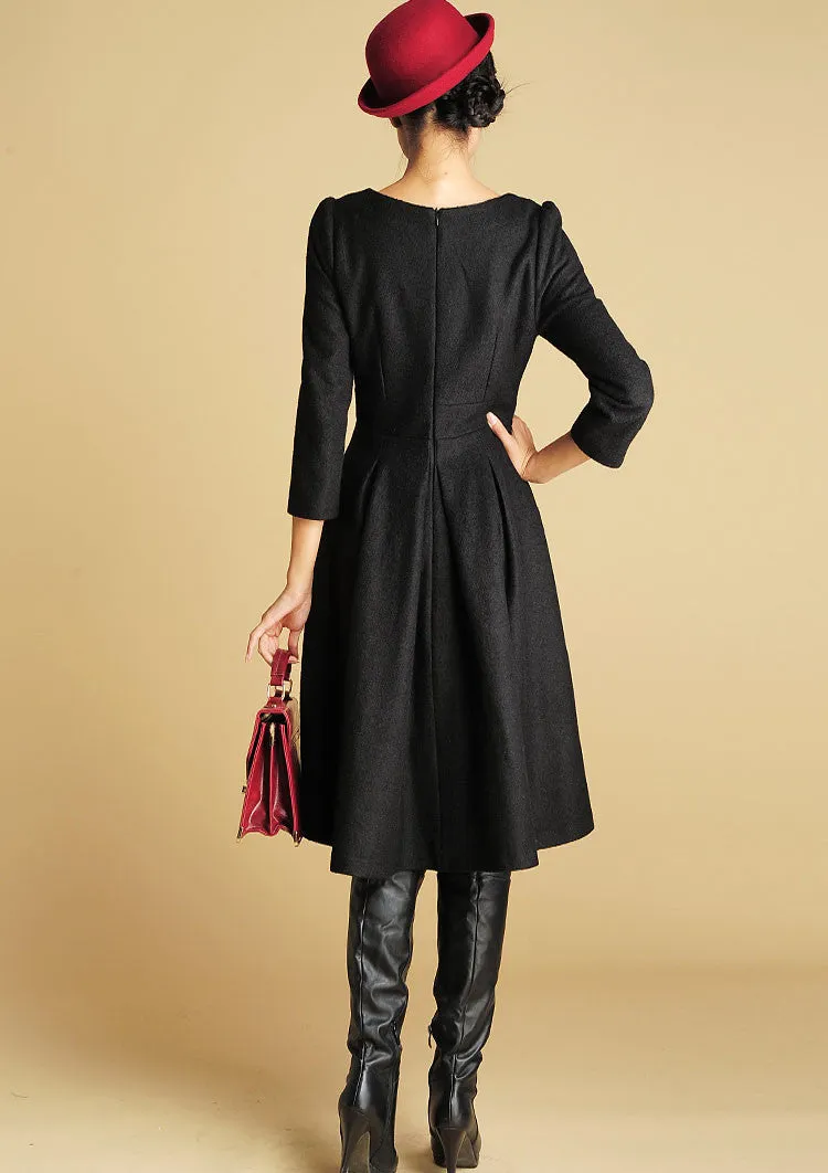 Wool Tailored Black Dress - Midi Length Structured Dress with Sweetheart Neckline (393)