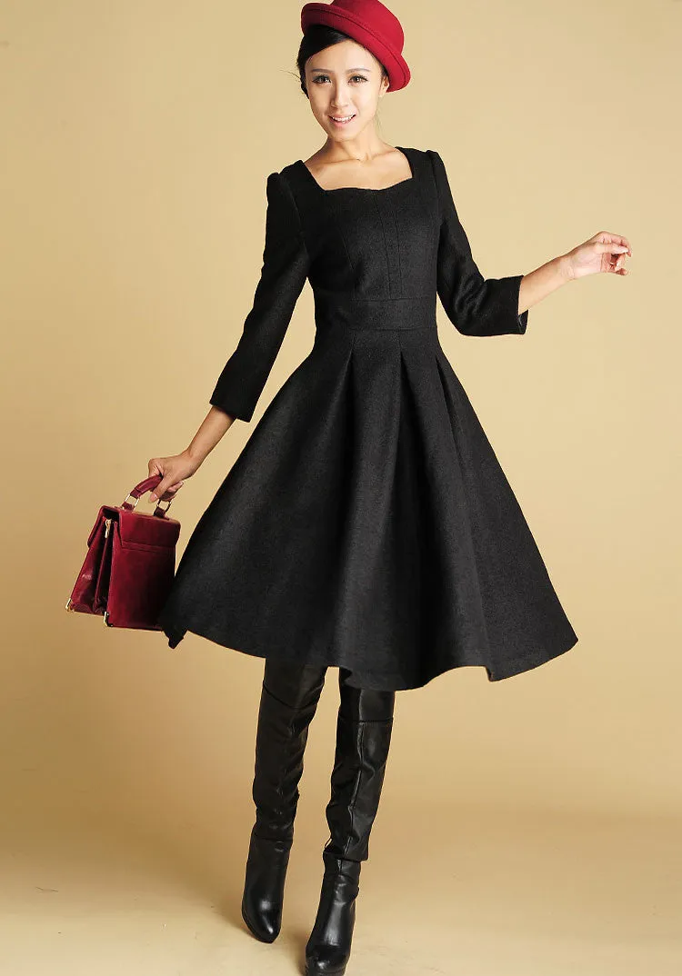 Wool Tailored Black Dress - Midi Length Structured Dress with Sweetheart Neckline (393)