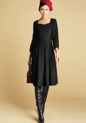 Wool Tailored Black Dress - Midi Length Structured Dress with Sweetheart Neckline (393)