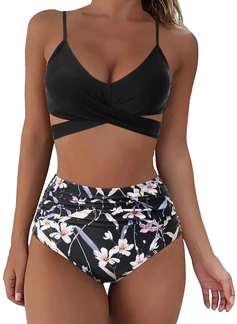 Wrap Black Bikini Set Push Up High Waisted Two  Piece Swimsuits