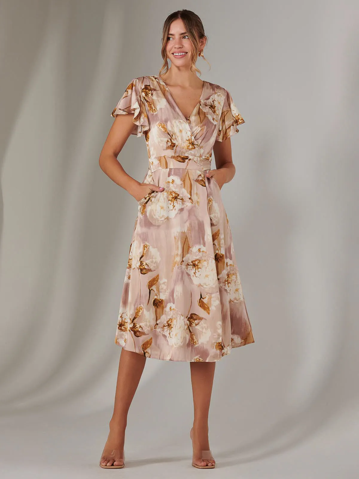 Wrap Front Midi Dress, Dusty Pink