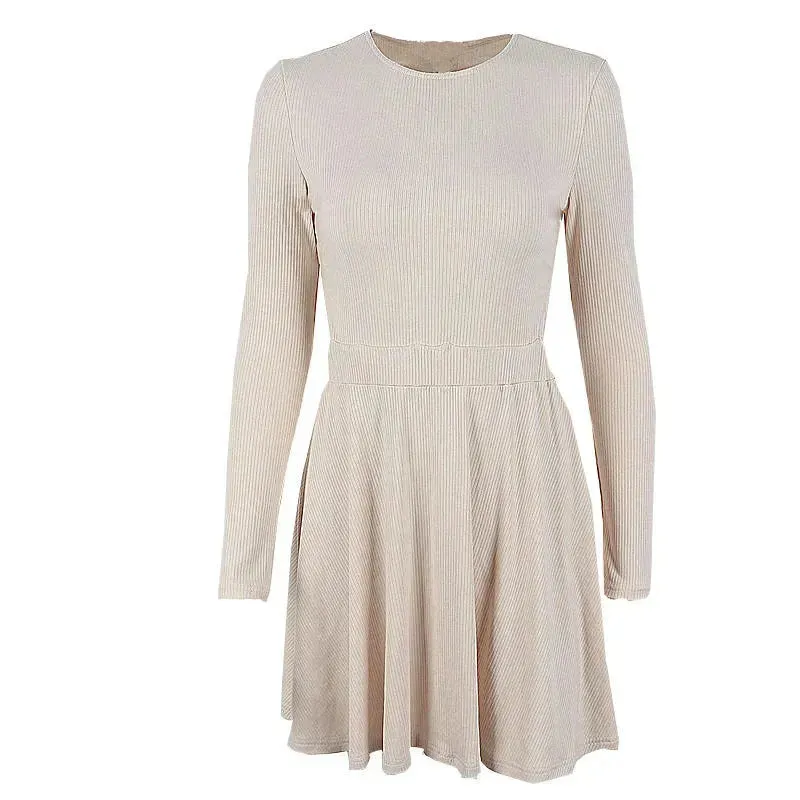 Y2K Long-sleeved Party Club Dress Solid Color Round Neck A-line Mini Skater Dress