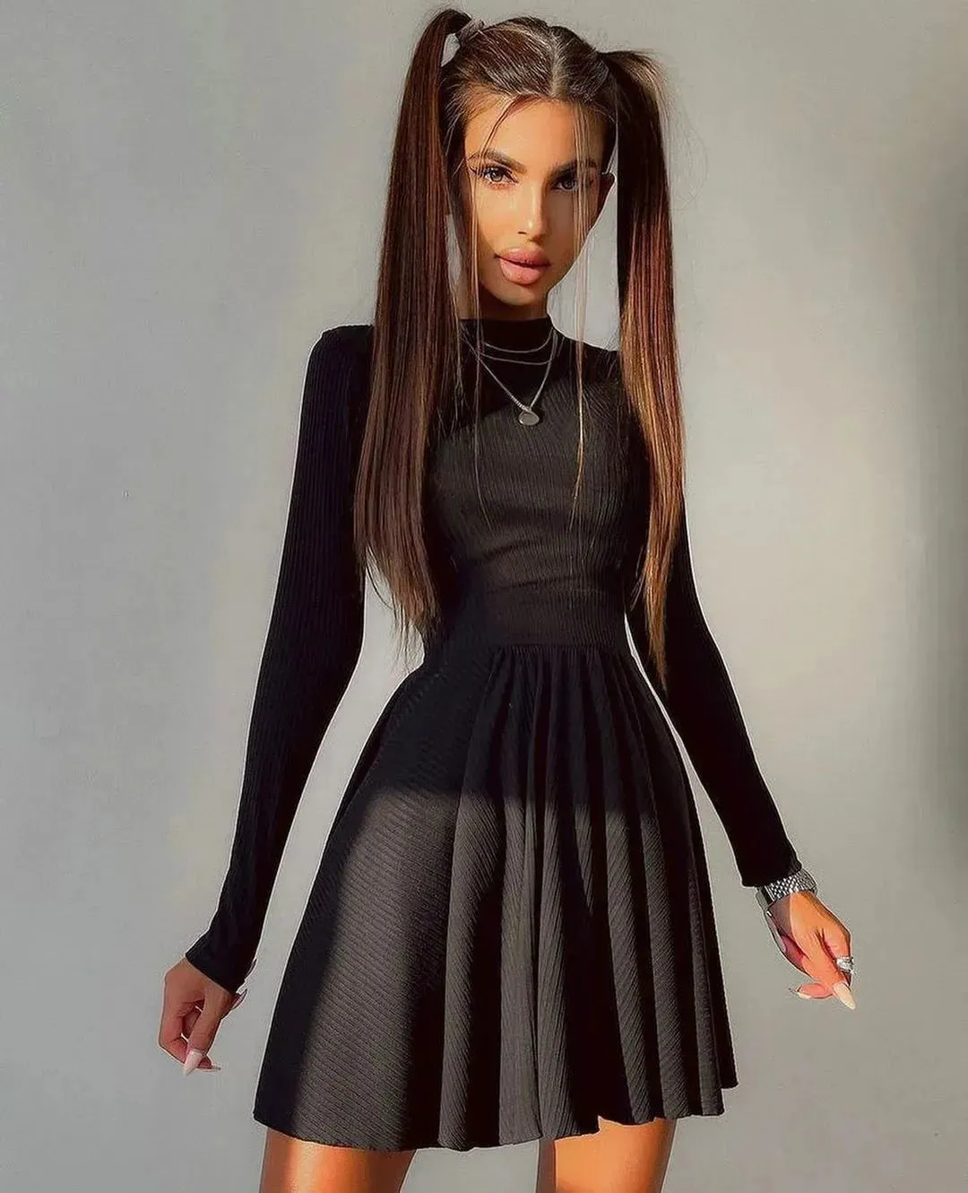 Y2K Long-sleeved Party Club Dress Solid Color Round Neck A-line Mini Skater Dress